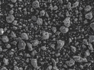 SEM morphology of NaTi2(PO4)3 showing particle structure for aqueous sodium-ion battery anode material