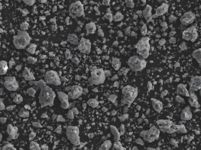 SEM morphology of NaTi2(PO4)3 showing particle structure for aqueous sodium-ion battery anode material