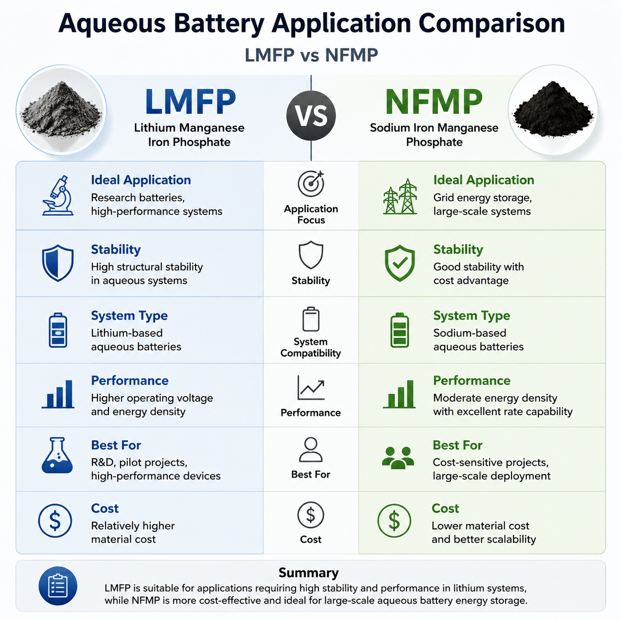 Application comparison of Lithium Manganese Iron Phosphate and Sodium Iron Manganese Phosphate in Aqueous Battery systems