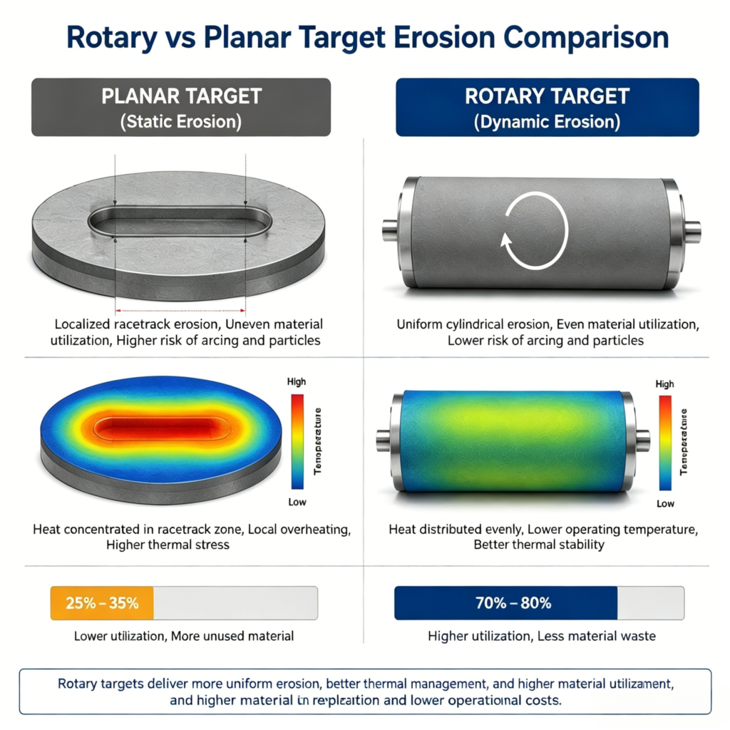 ITO rotary target vs planar target erosion comparison showing utilization rate heat distribution and plasma stability differences