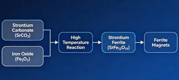 Strontium carbonate reaction process for strontium ferrite materials
