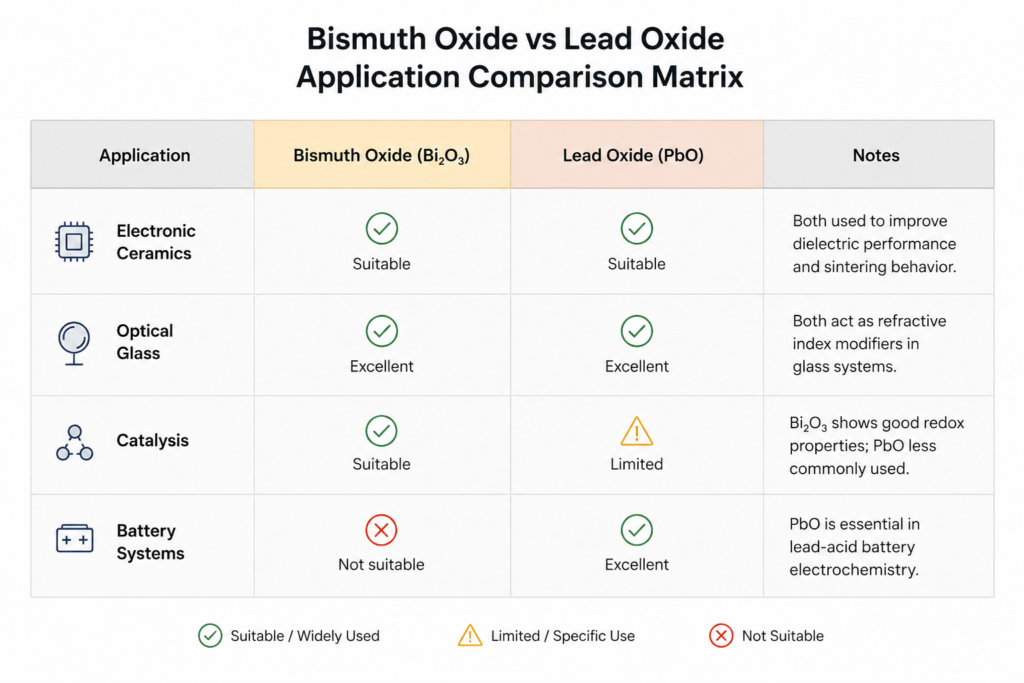 Application comparison matrix of bismuth oxide and lead oxide showing suitability in electronic ceramics, optical glass, catalysis, and battery systems