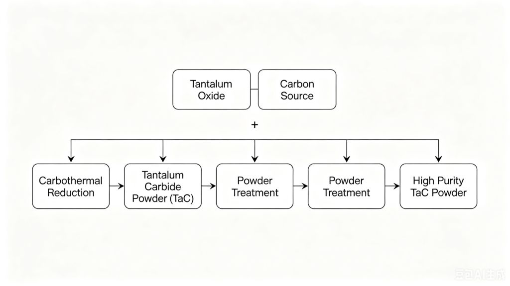 Tantalum carbide powder preparation process flowchart from tantalum oxide and carbon source by carbothermal reduction
