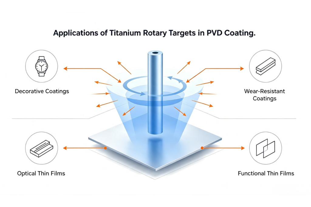 Cible rotative en titane utilisée dans un système de pulvérisation magnétron pour des applications de revêtement par dépôt physique en phase vapeur (PVD)