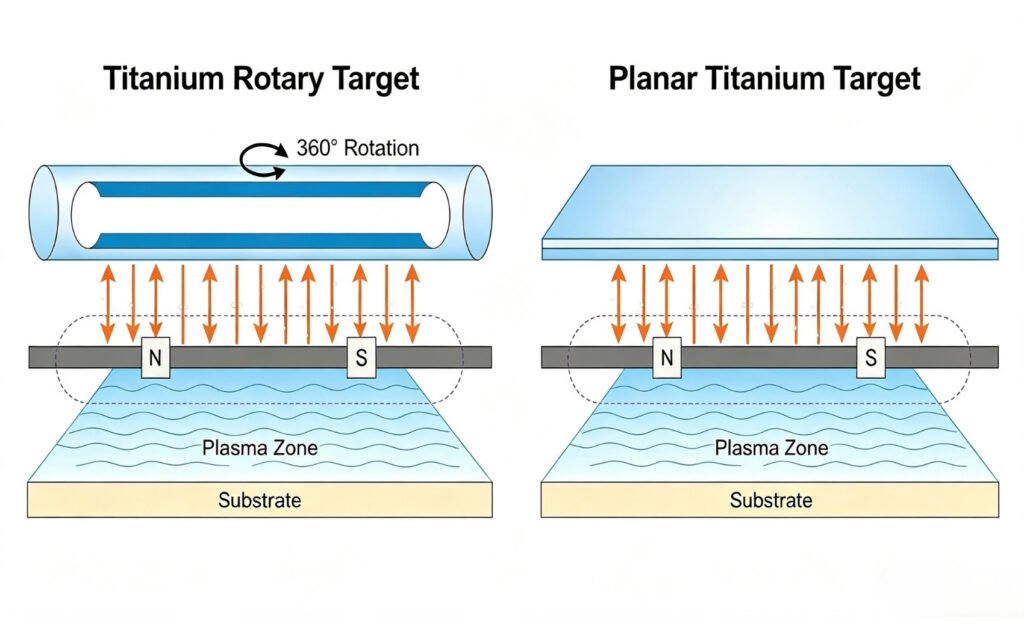 Comparaison entre une cible rotative en titane et une cible de pulvérisation plane en titane