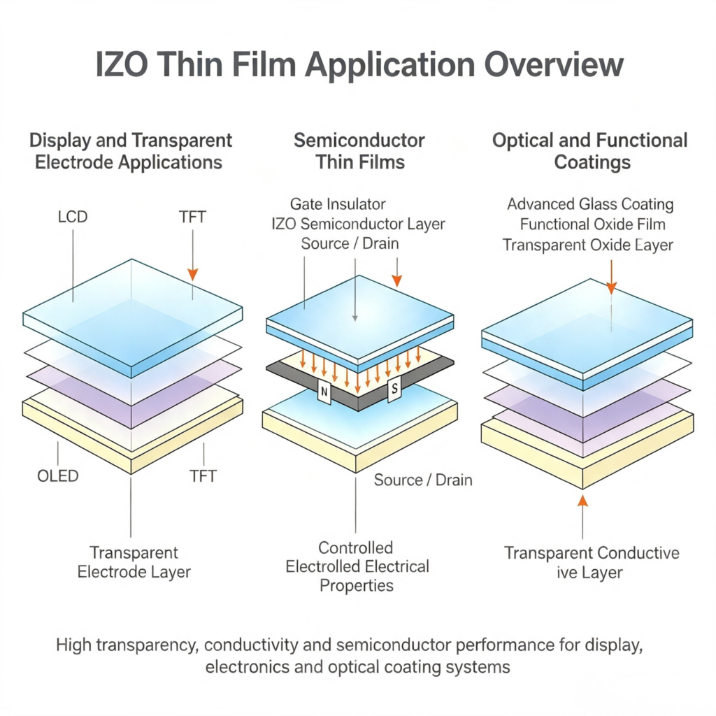 Applications of Indium Zinc Oxide IZO thin films in displays semiconductor and optical coatings