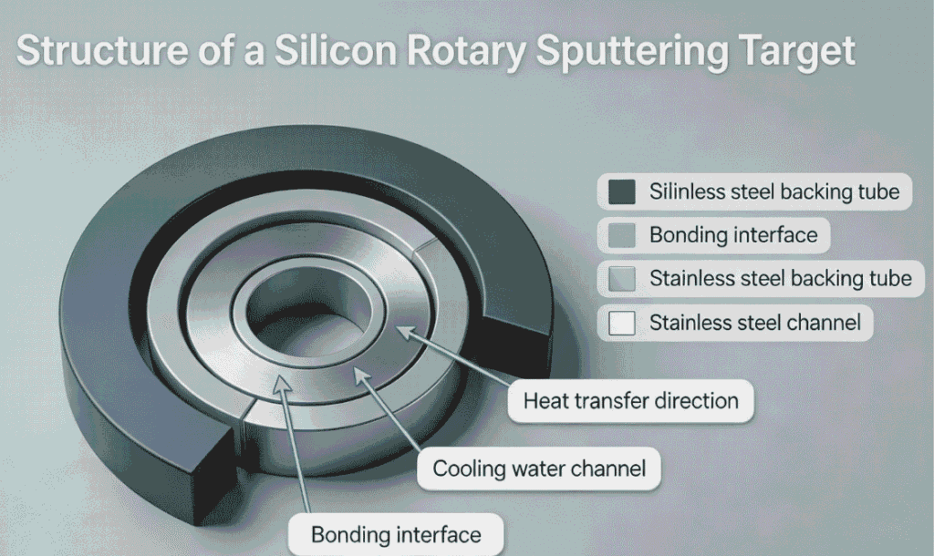 Silicon Sputtering Target Specifications including rotary target structure with silicon layer, bonding layer, backing tube, and cooling channel