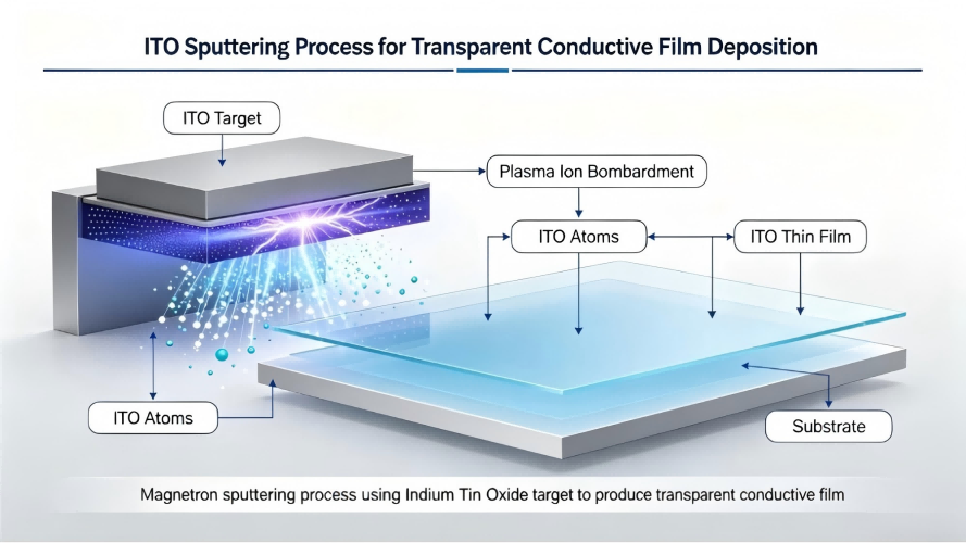 ITO-Sputtering-Process-Diagram.jpg Indium Tin Oxide Materials, ITO sputtering process diagram for transparent conductive thin film deposition
