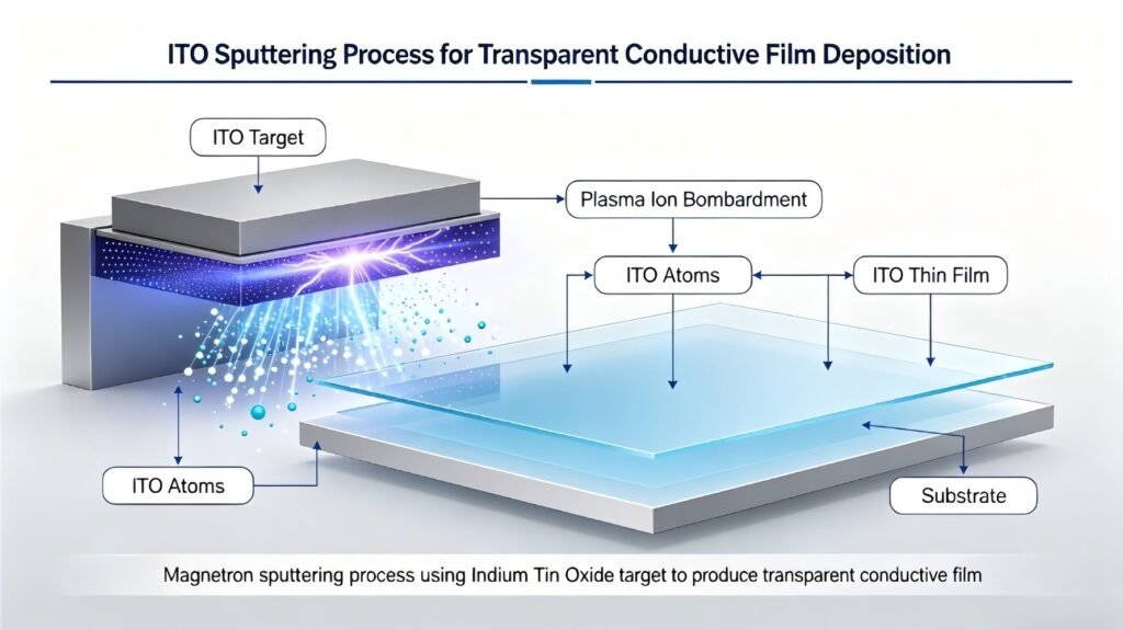 Magnetron sputtering process using Indium Tin Oxide target to produce transparent conductive film