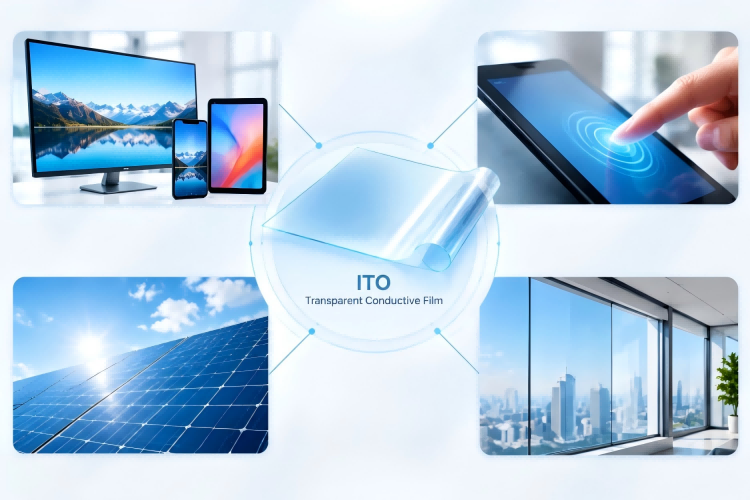 ITO-Transparent-Conductive-Film-Applications.jpg Indium Tin Oxide Materials, ITO transparent conductive film application collage for display, touch panel, solar cell and smart glass