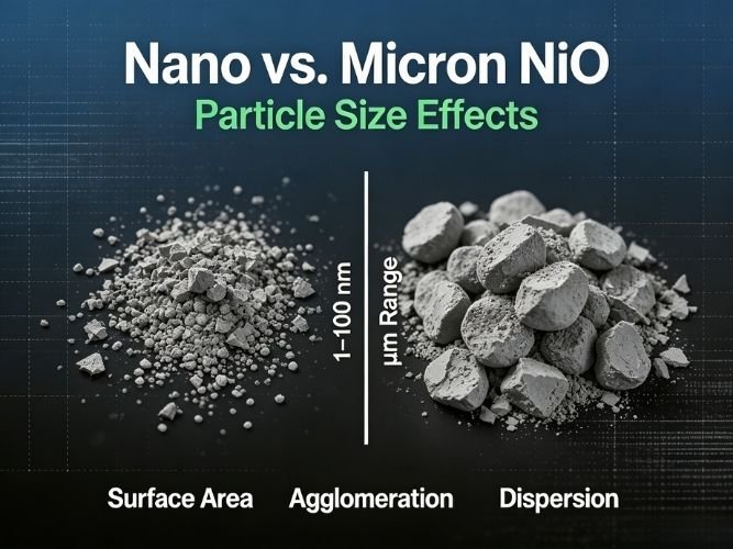 Nano vs Micron Nickel Oxide NiO particle size comparison showing nano NiO and micron NiO scale difference
