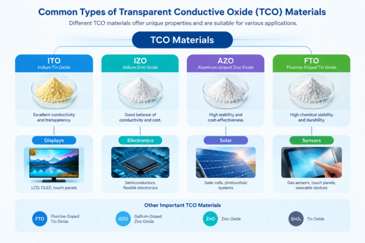 ITO, IZO, AZO, FTO, GZO, ZnO 및 SnO₂를 포함한 투명 전도성 산화물(TCO) 소재의 종류