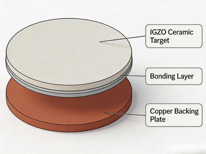 How to Choose IGZO Sputtering Target: cross section diagram of IGZO ceramic target with bonding layer and copper backing plate for magnetron sputtering