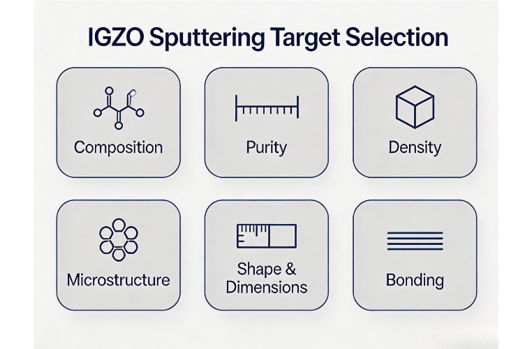 How to Choose IGZO Sputtering Target: key selection specifications including composition, purity, density, microstructure, shape, and bonding