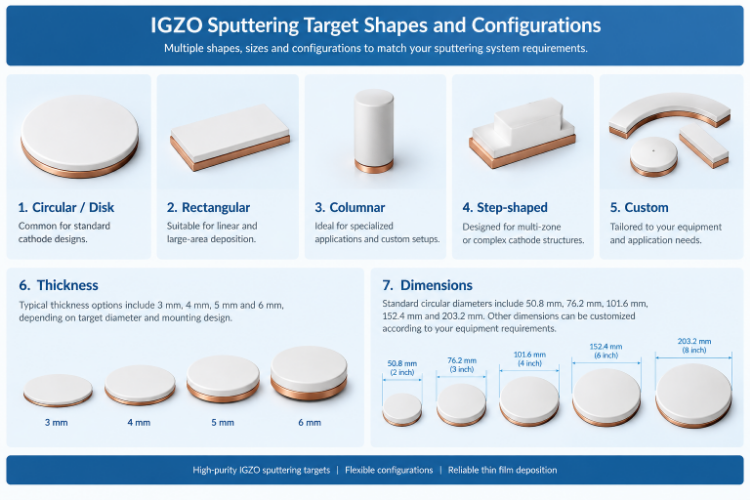How to Choose IGZO Sputtering Target : shapes and configurations, circular, rectangular, step, and custom sizes for thin film deposition