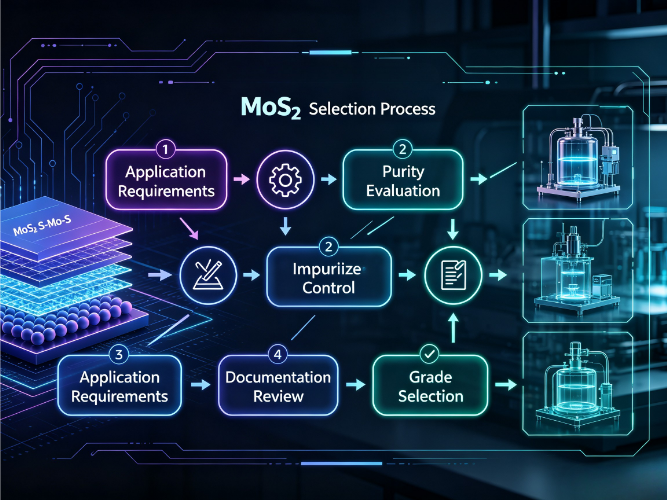 MoS₂ Material Selection Process showing purity, particle size, morphology, impurity control, and quality documentation evaluation | ULPMAT