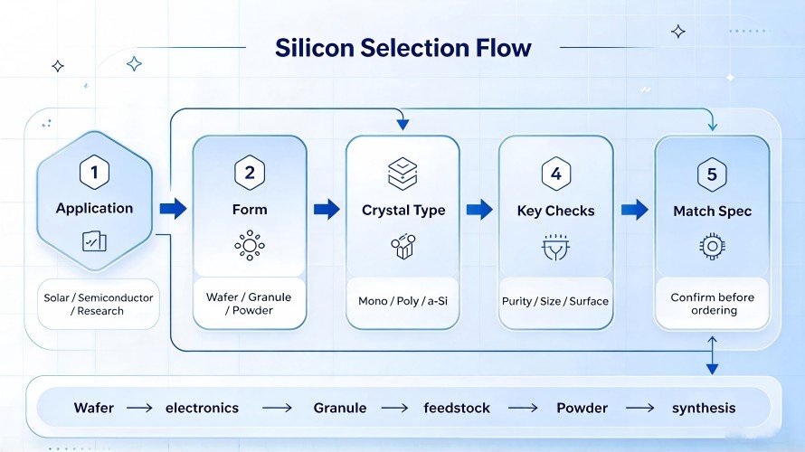 Silicon material selection workflow based on application, physical form, purity, and particle size