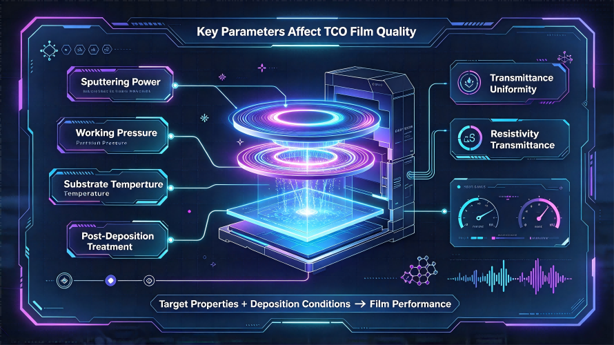 TCO sputtering deposition parameters, including power, working pressure, oxygen flow, and substrate temperature