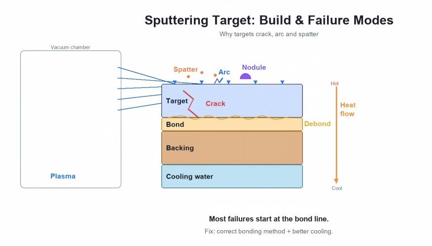 Sputtering Target Cracking schematic showing target structure and five failure modes: arcing, spatter, cracking, nodule growth, and debonding