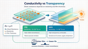 ITO Vs AZO conductivity and optical transparency balance showing resistivity, sheet resistance, and film thickness-ULPMAT