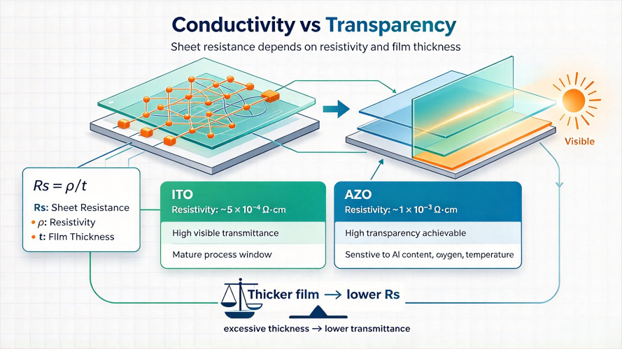 ITO Vs AZO conductivity and optical transparency balance showing resistivity, sheet resistance, and film thickness-ULPMAT