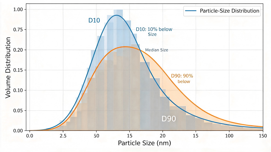 Illustration of nanopowder particle-size distribution with D10 D50 and D90-ULPMAT