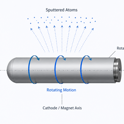 Rotary target rotating motion diagram showing sputtering deposition process and uniform erosion in thin film coating system